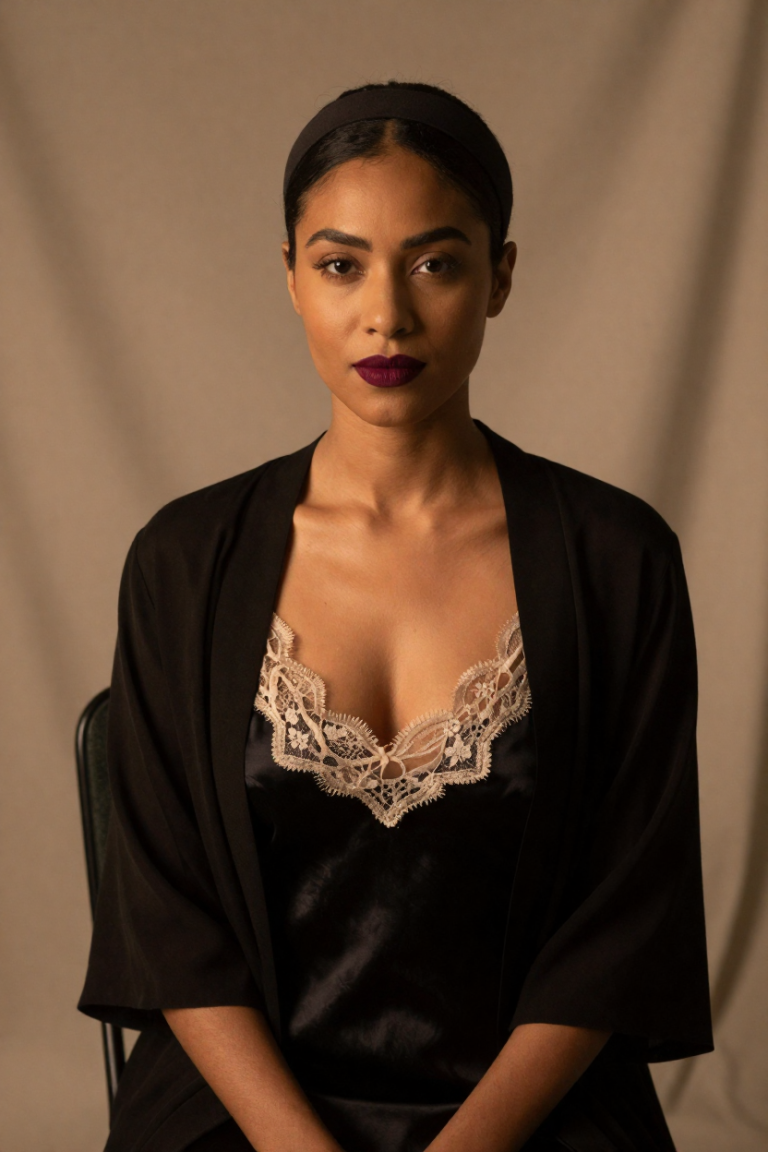 TheHuaren muse in an onyx silk slip dress seated in a portrait studio